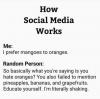 how social media works, i prefer mangoes to oranges, so basically you're saying you hate oranges, i'm literally shaking