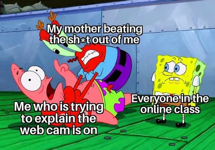 my mother beating the shit out of me, everyone in the online class, me trying to explain that my webcam is on