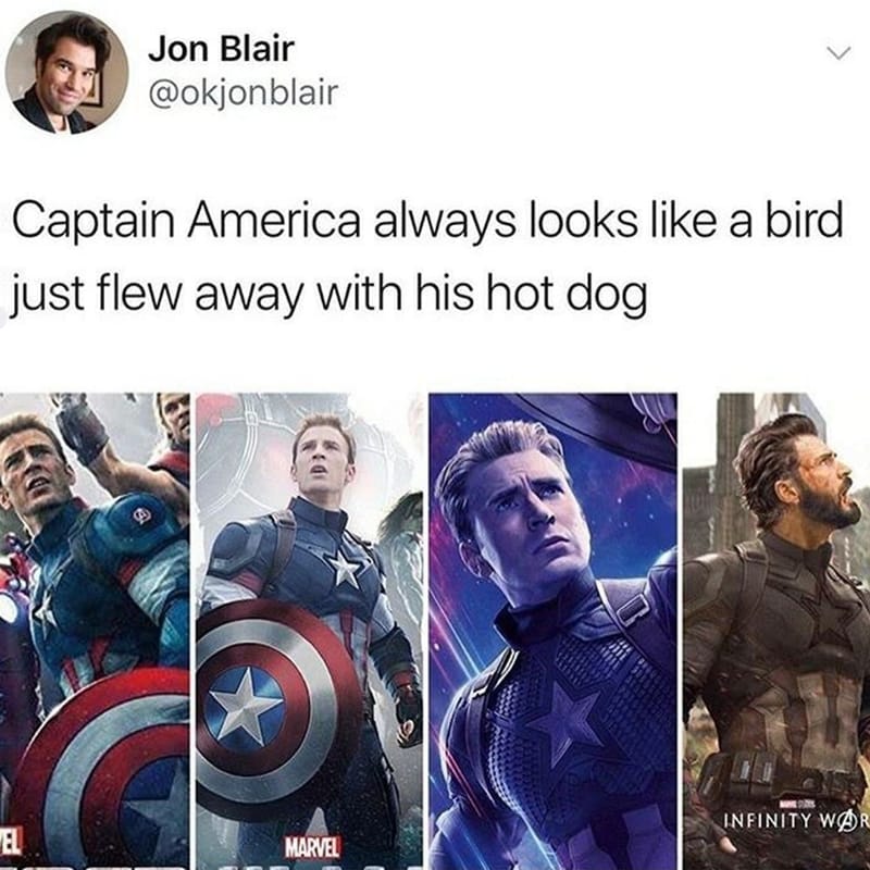 captain america always look like a bird just flew away with his hot dog, marvel