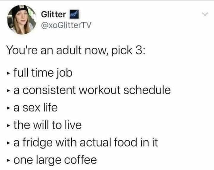 you're an adult now, pick 3, full time job, a consistent workout schedule, a sex life, the will to live, a fridge with actual food in it, one large coffee