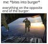 bites into burger, everything on the opposite side of the burger, army man jumping out of plane backwards with salute