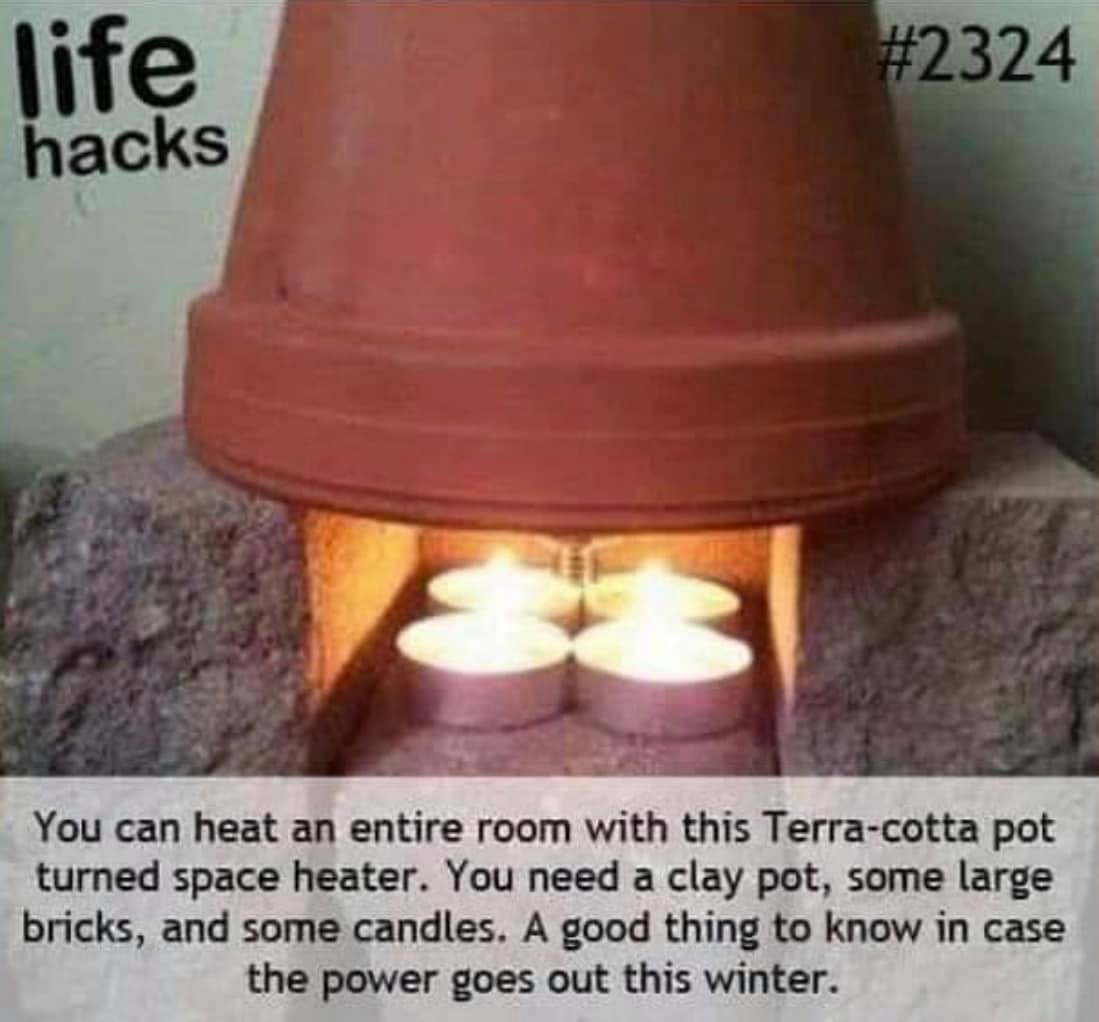 you can heat an entire room with this terra-cotta pot turned space heater, you need a clay pot, some large bricks and some candles, a good thing to know in case the power goes out this winter