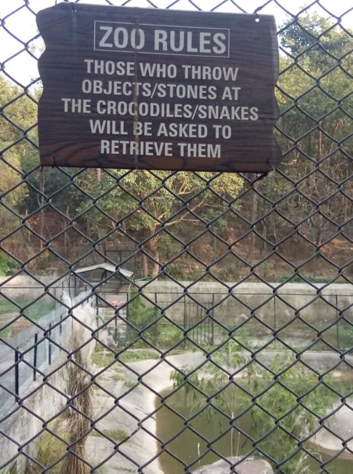 zoo rules, those who throw objects or stones at the crocodiles or snakes will be asked to retrieve them