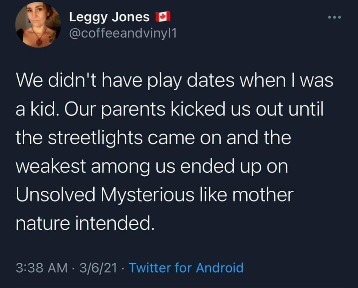 we didn't have play dates when i was a kid, our parents kicked us out until the streetlights came on and the weakest among us ended up on unsolved mysteries like mother nature intended