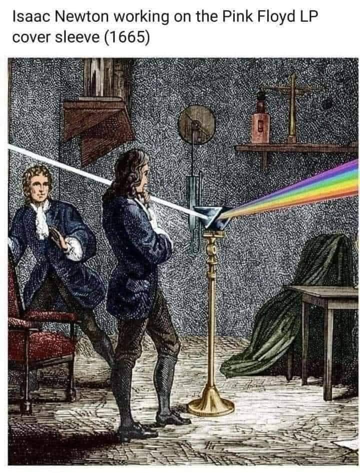 isaac newton working on the pink floyd lp cover sleeve, spectrum of light