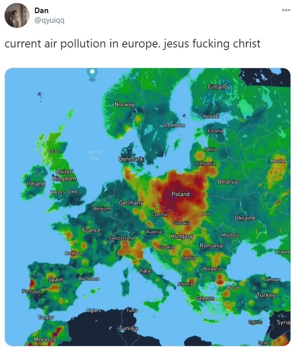 current air pollution in europe, what the hell poland