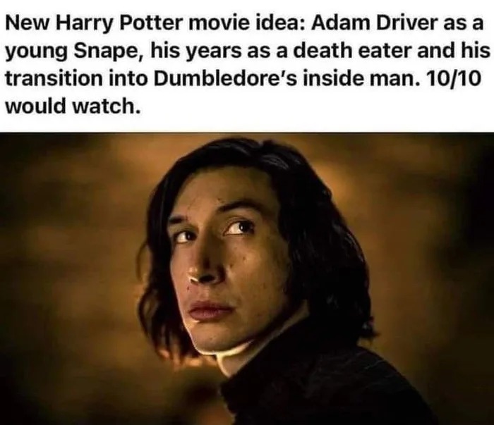 new harry potter movie idea, adam driver as a young snape, his years as a death eater and his transition into dumbledore's inside man, 10 10 would watch