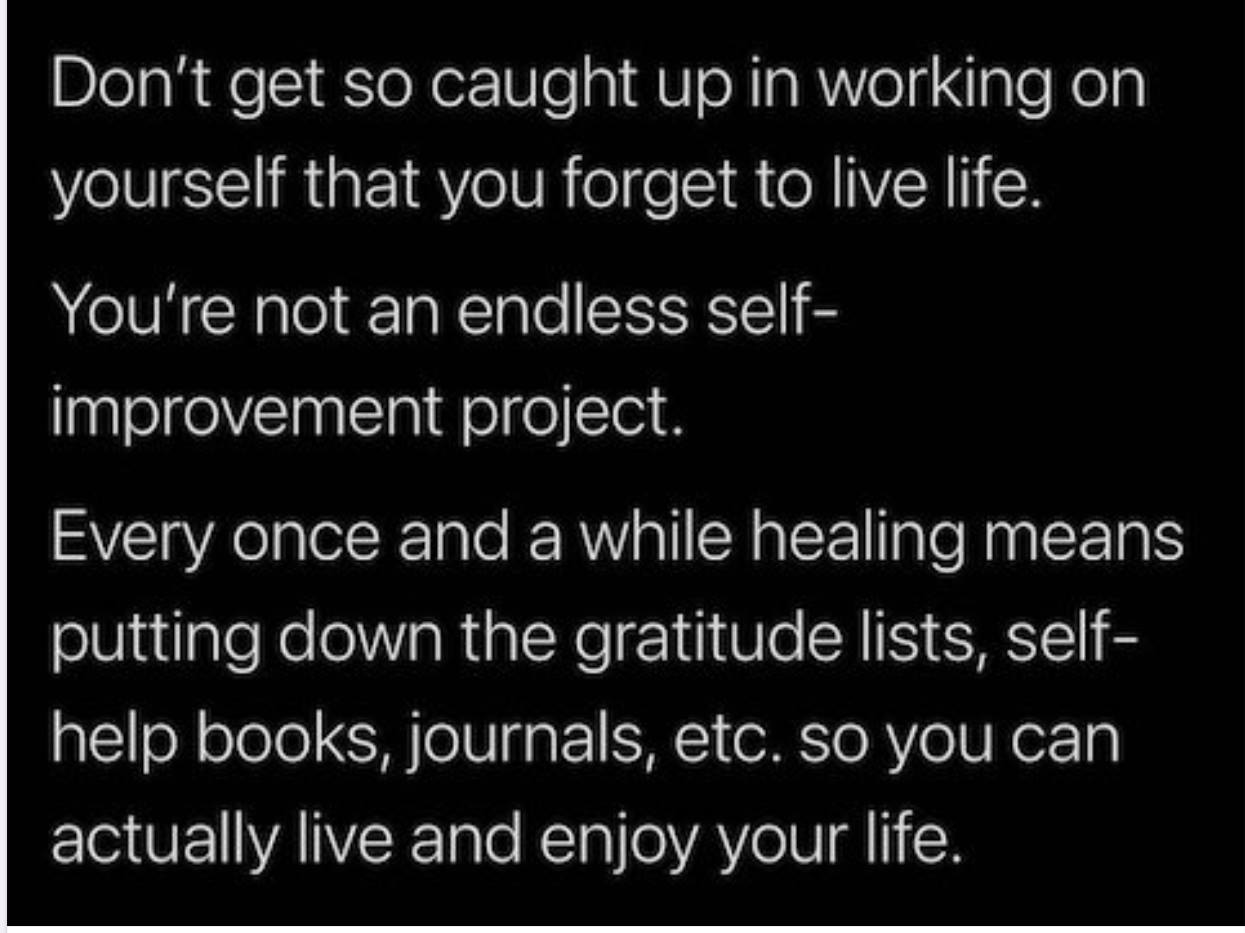 don't get so caught up in working on yourself that you forget to live life, you're not an endless self-improvement project, every once and a while healing means putting down the gratitude lists, self-help books, journals, enjoy