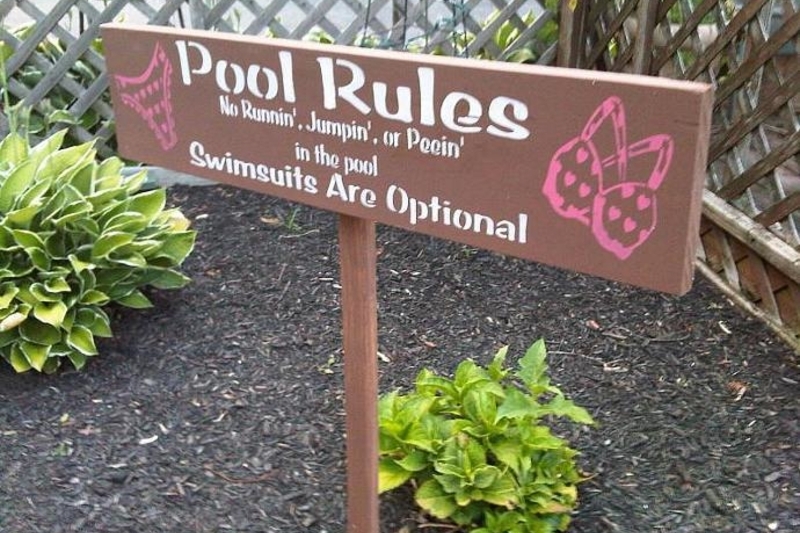 pool rules, no running', jumpin' or peein' in the pool, swimsuits are optional