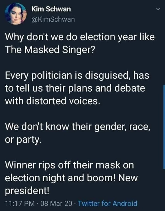 why don't we do election year like the masked singer, every politician is disguised, has to tell us their plans and debate with distorted voices, we don't know their gender, race or party, winner rips off mask on election night