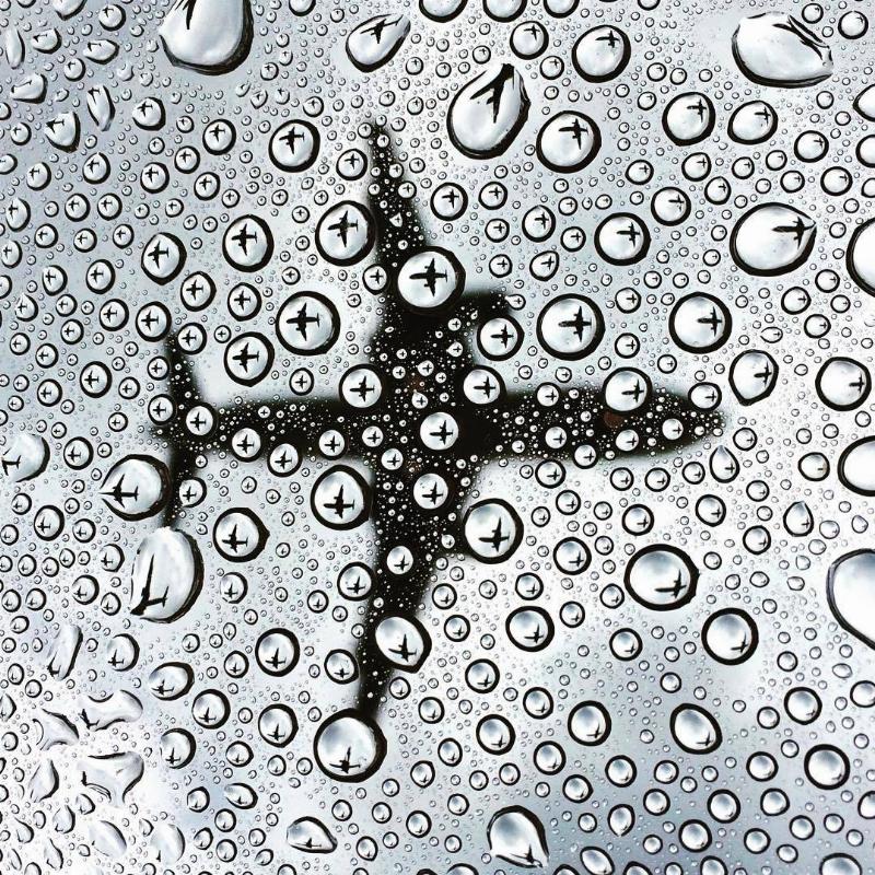 a plane trapped in the water droplets