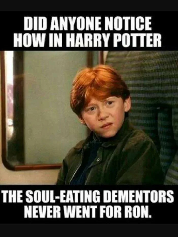 did anyone notice how in harry potter, the soul eating dementors never went for ron, meme