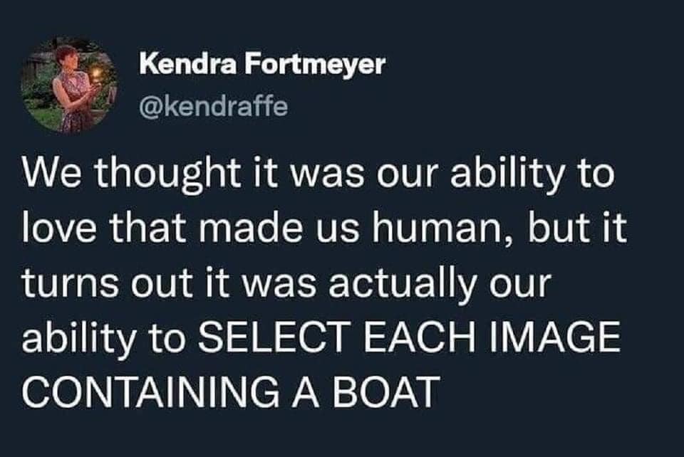 we thought it was our ability to love that made us human, but it turns out it was actually our ability to select each image containing a boat