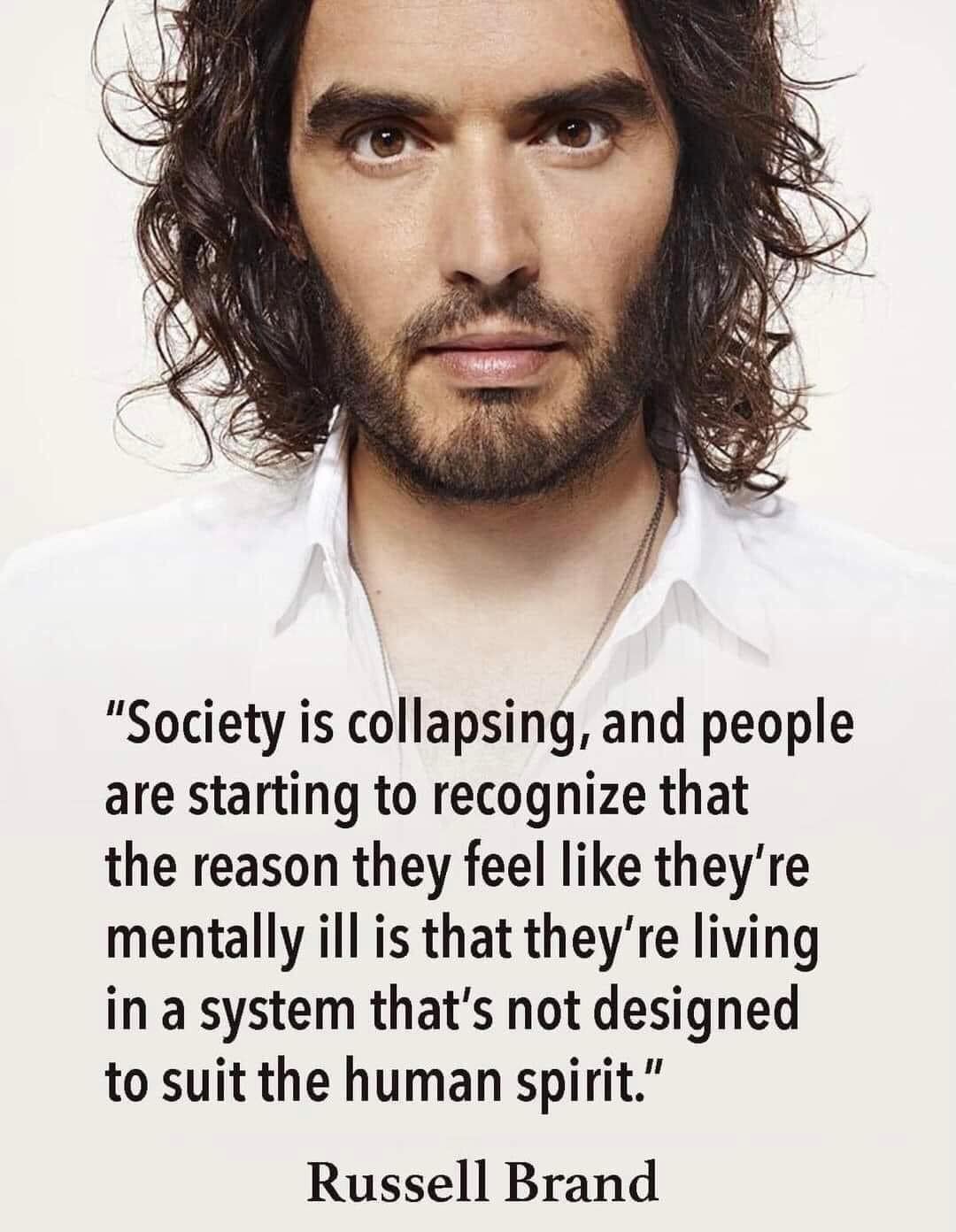 society is collapsing, and people are starting to recognize that the reason they feel like they're mentally ill is that they're living in a system that's not designed to suit the human spirit, russell brand
