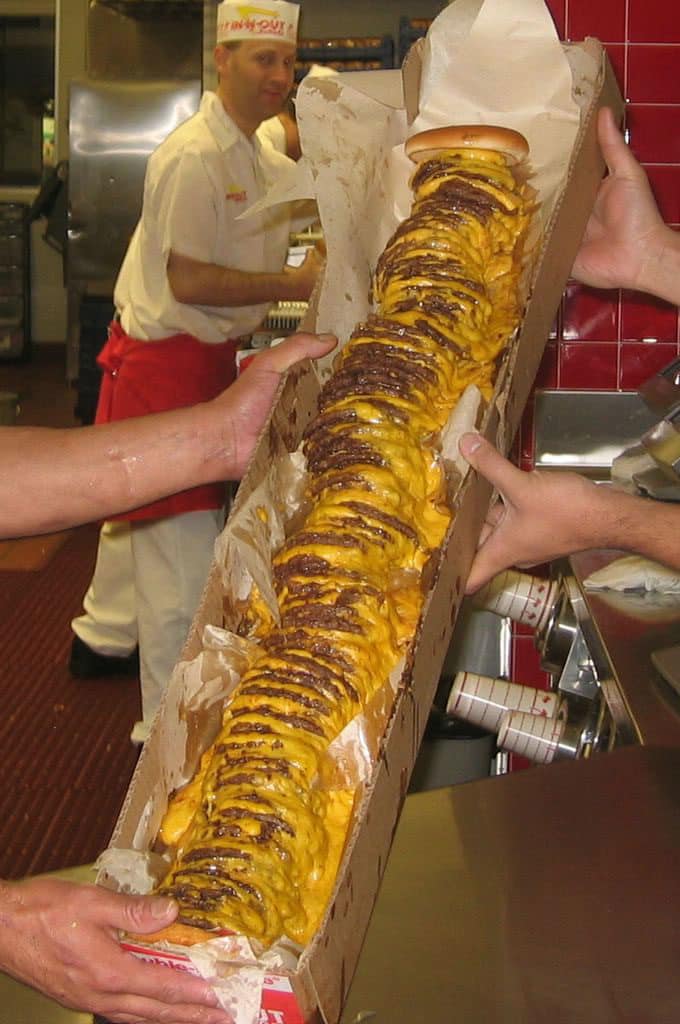 at one point, california’s beloved in-n-out burger allowed you to order a 100 x 100 (100 patties, 100 slices of cheese) burger. nowadays the max limit is 4 x 4 (officially but some people have said they can go beyond 4)