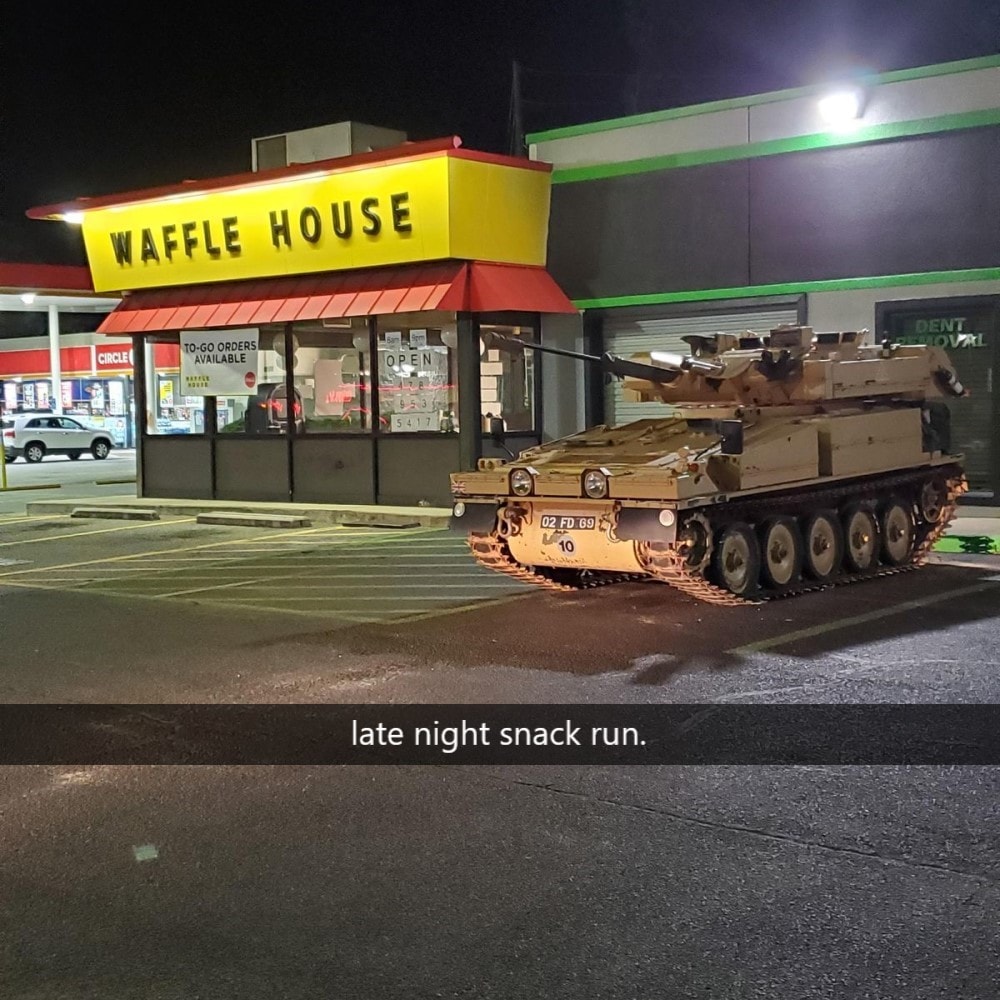 late night snack run, tank in waffle house parking lot