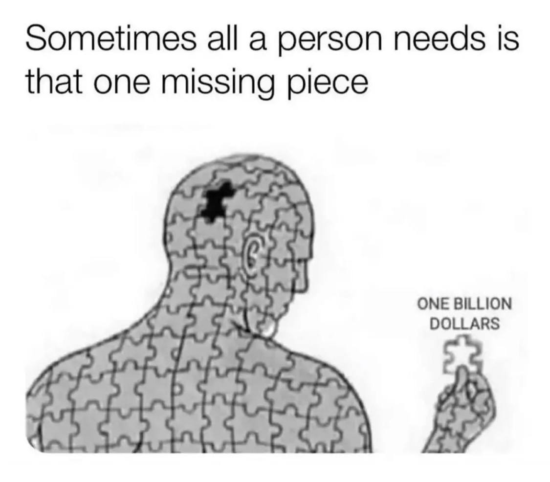 sometimes all a person needs is that one missing piece, one billion dollars