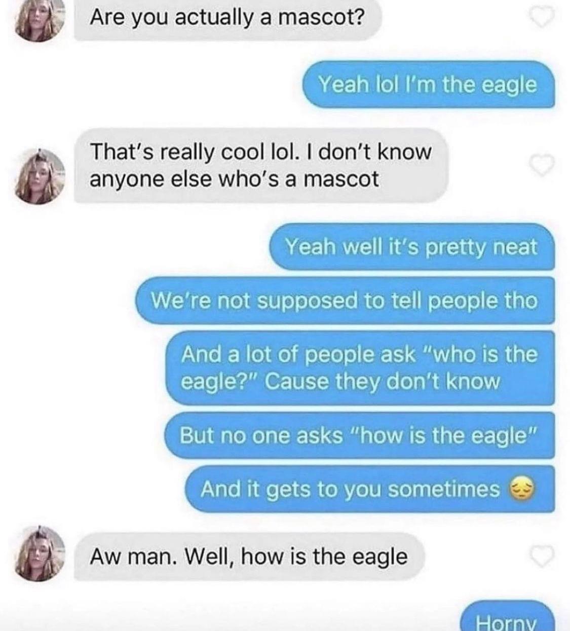 are you actually a mascot, yea lol i’m the eagle, that’s really cool, we’re not supposed to tell people tho, and a lot of people ask, who is the eagle?, but no one asks how is the eagle, how is the eagle?, horny