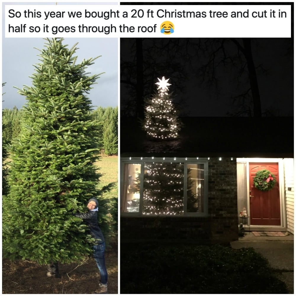 so this year we bought a 20 ft christmas tree and cut it in half so it goes through the roof, troll, lol