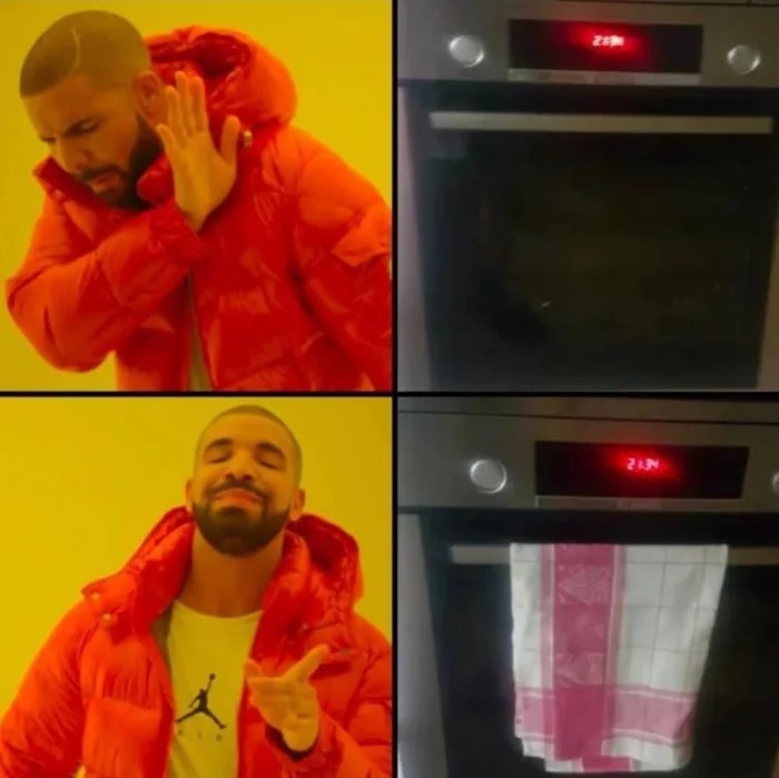drake approves of the towel on stove handle, meme