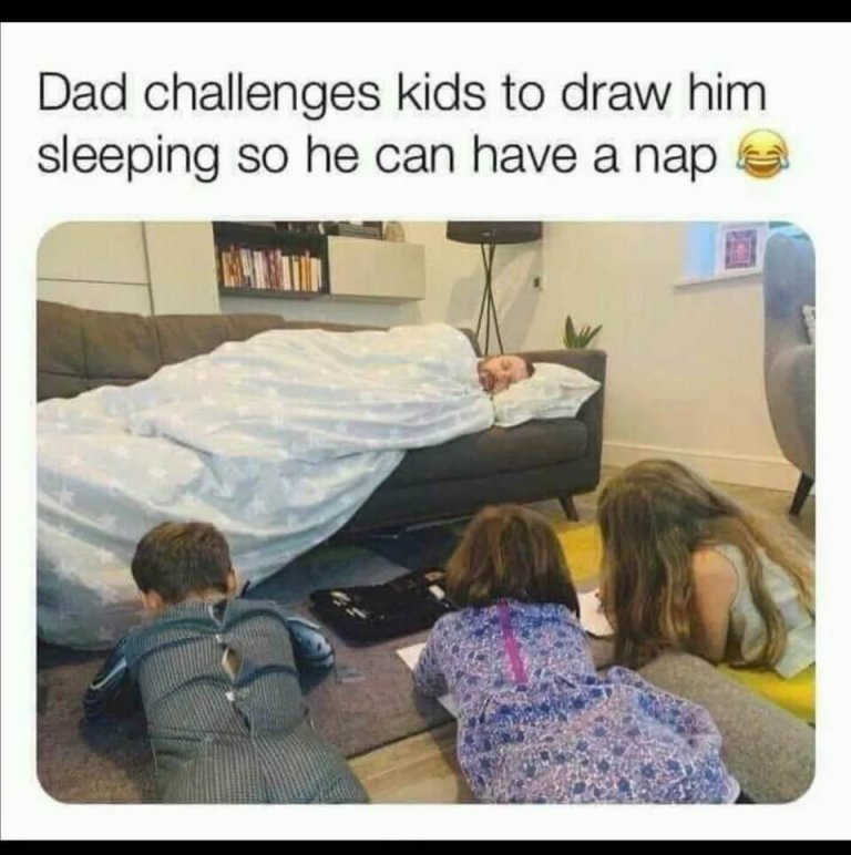dad challenges kids to draw him sleeping so he can have a nap