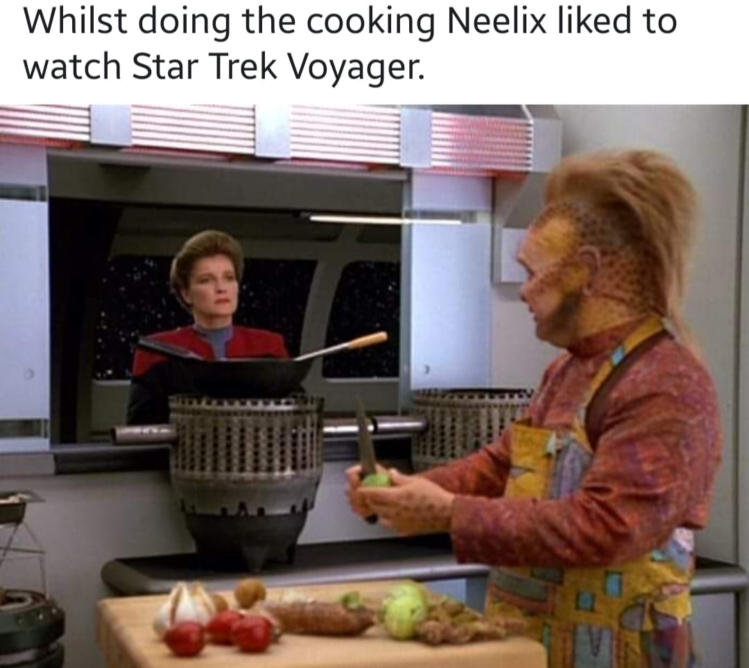 whilst doing the cooking, neelix liked to watch star trek voyager