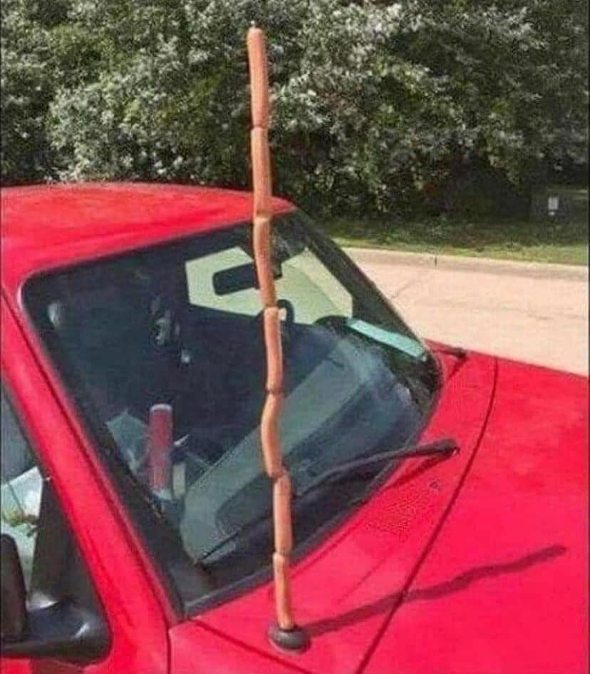hot dogs on a car antenna 