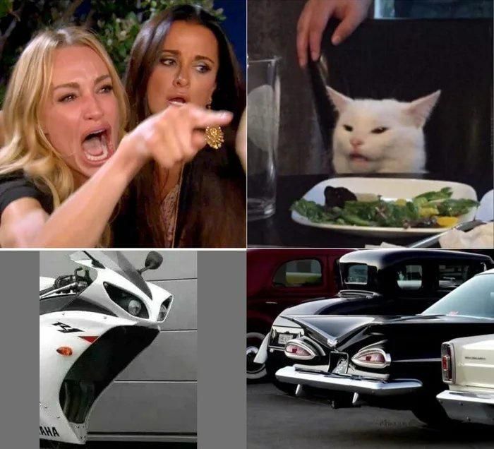 anthropomorphic automobiles, screaming lady and cat meme