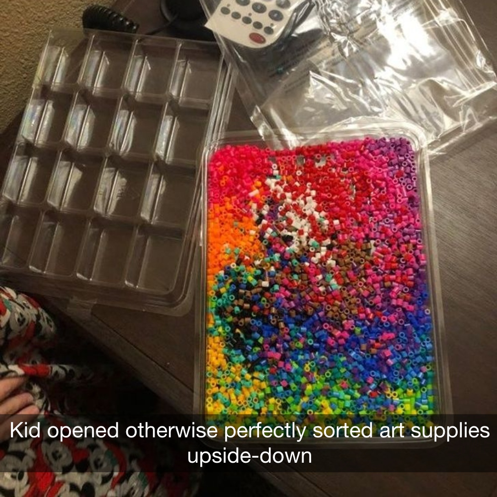 kid opened otherwise perfectly sorted art supplies upside-down