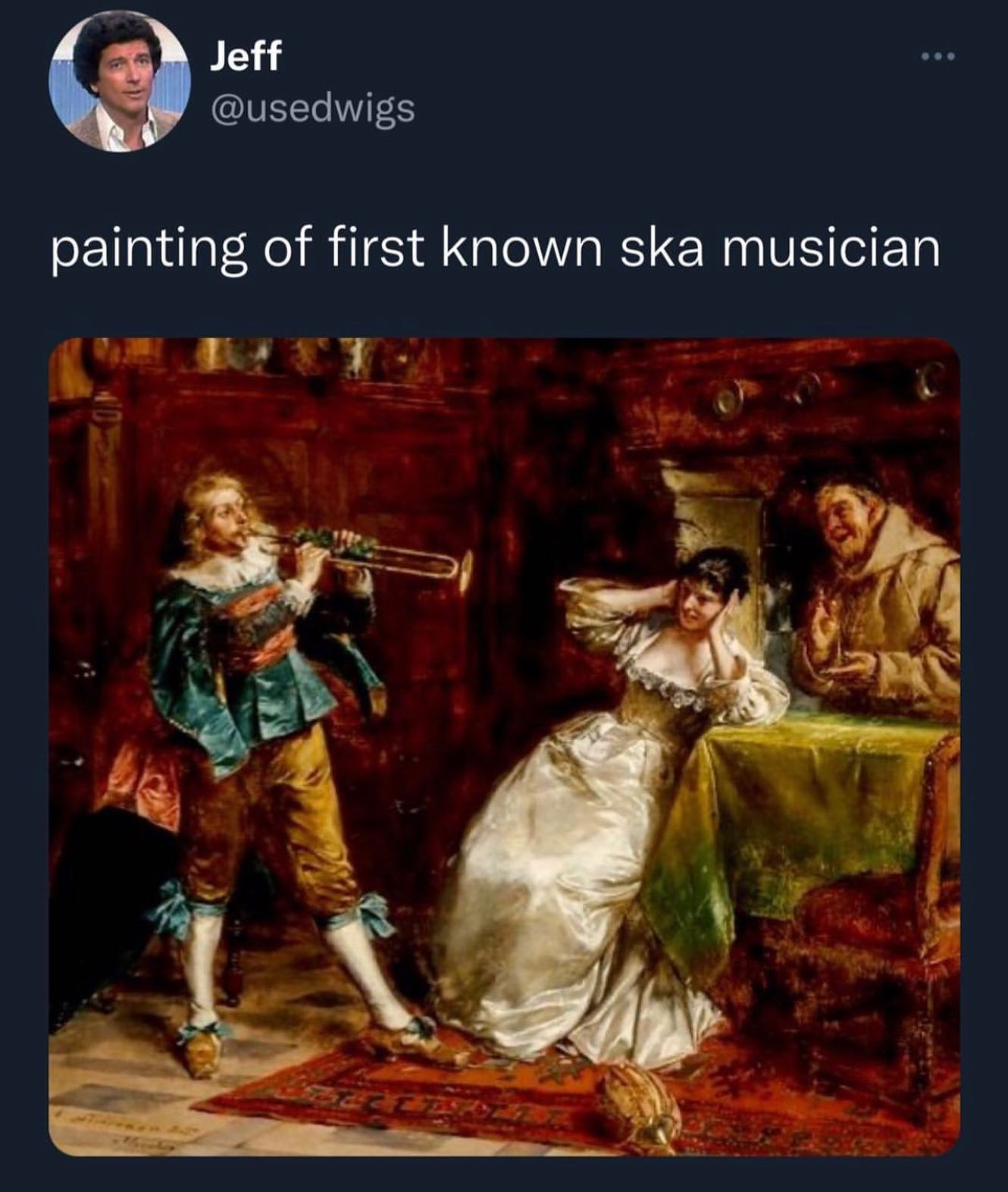 painting of first known ska musician, woman covering ears in front of man playing trumpet