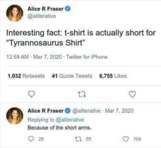 interesting fact, t-shirt is actually short for tyrannosaurus shirt, because of the short arms