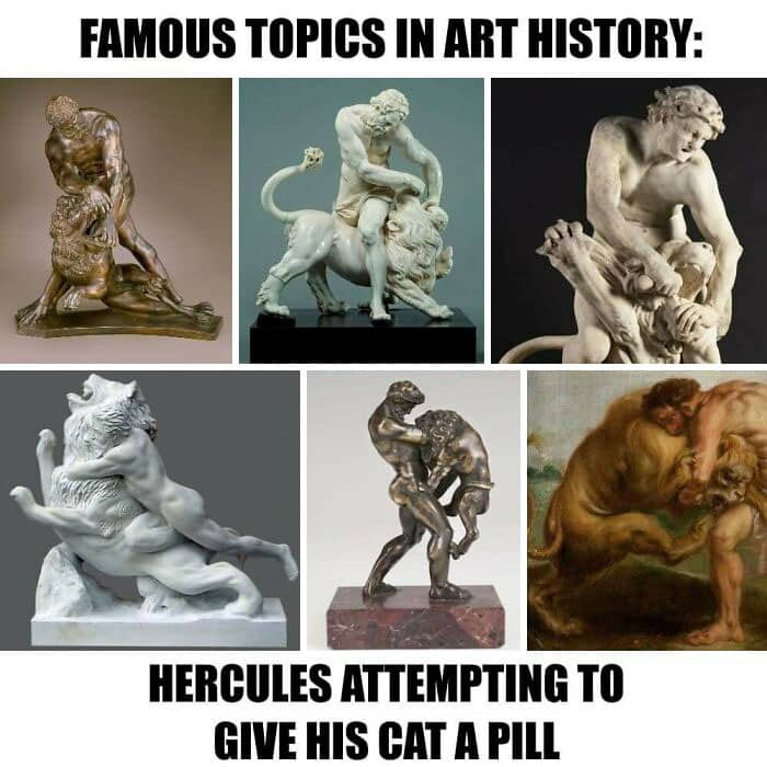 famous topics in art history, hercules attempting to give his cat a pill