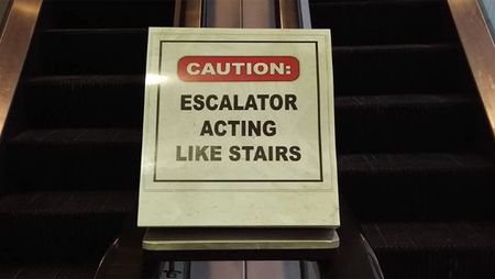 caution, escalator acting like stairs, entrance only, funny and clever signs, lol