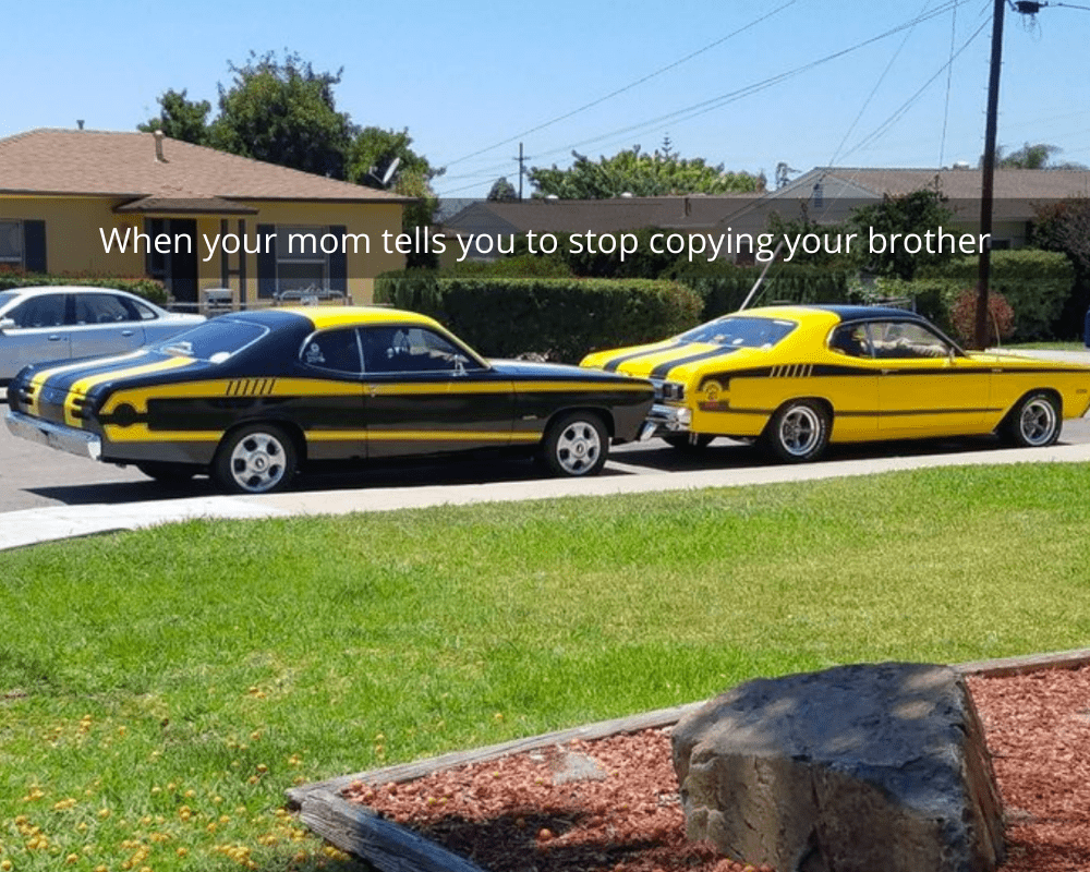 when your mom tells you to stop copying your brother, yellow and black cars, black and yellow