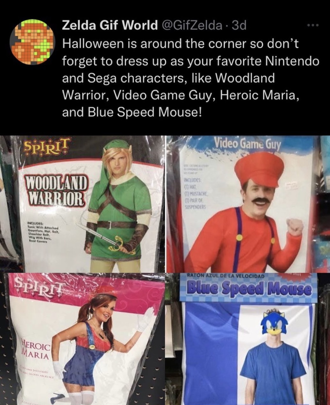 halloween is around the corner so don't forget to dress up as your favorite nintendo and sega characters, like woodland warrior, video game guy, heroic mania, blue speed mouse