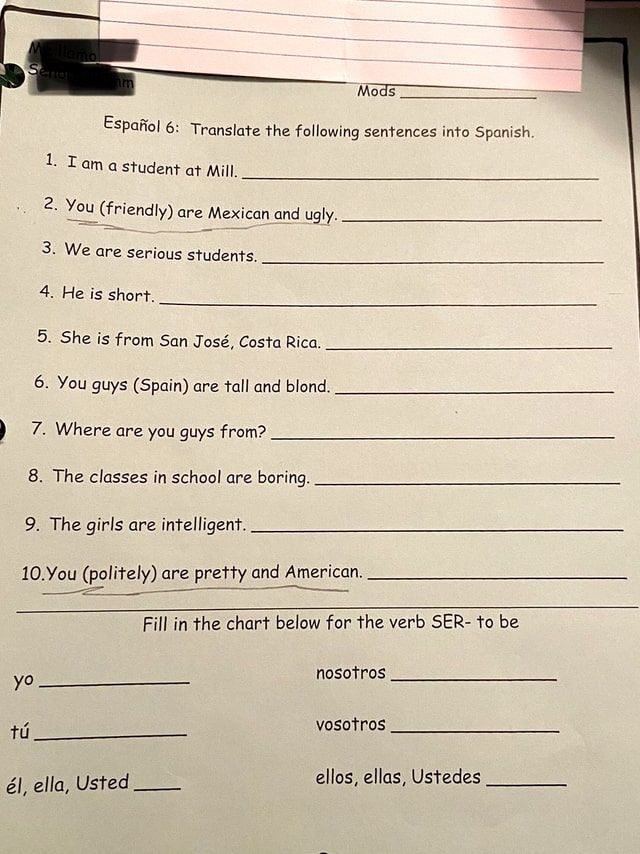 racist spanish assignment, you are mexican and ugly, translate the following sentences into spanish
