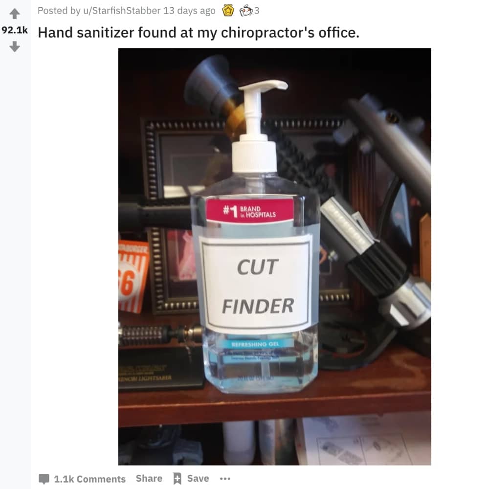 cut finder, a bottle of hand sanitizer