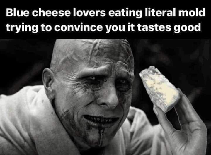 blue cheese lovers eating literal mold trying to convince you it tastes good