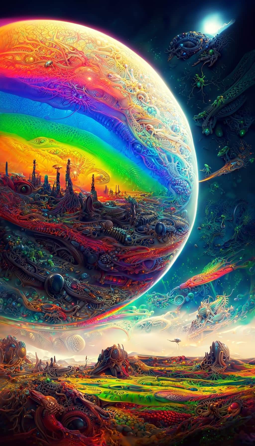 artificial intelligence draws psychedelic moon over psychedelic landscape, artificial