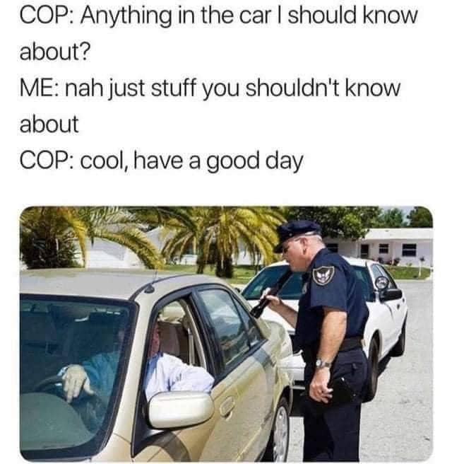 anything in the car i should know about?, nah just stuff you shouldn't know about, cool have a good day