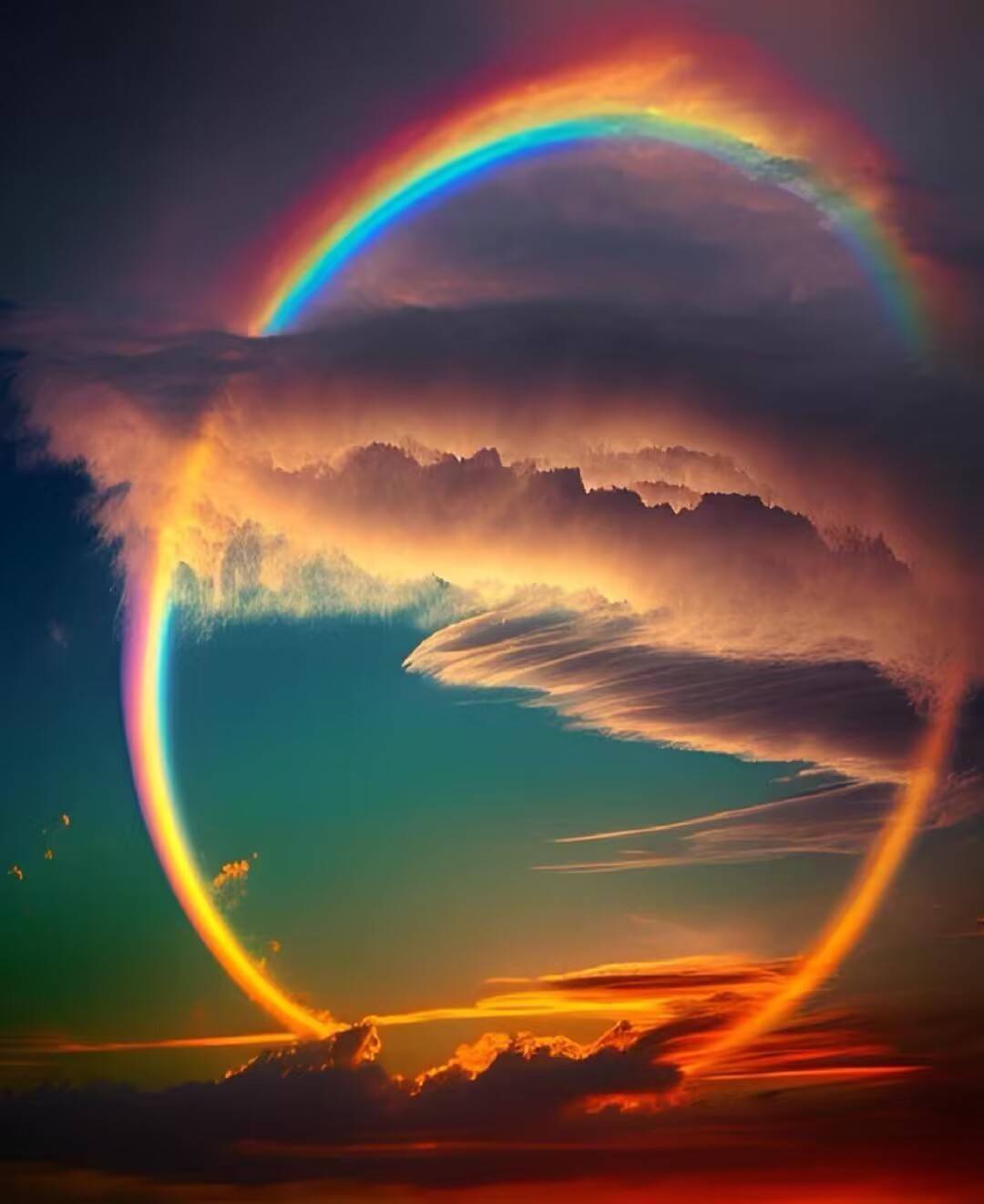 a complete rainbow, photo was taken at around 30k ft above the earth, on the ground, we usually only see the arc half of the circle, lloyd j ferraro
