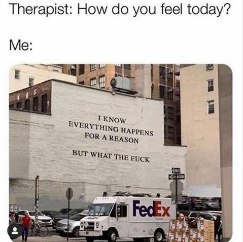 therapist, how do you feel today?, i know everything happens for a reason, but what the fuck