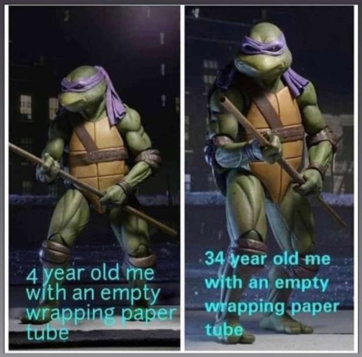 4 year old me with an empty wrapping paper tube, 34 year old me with an empty wrapping paper tube, donatelo, tmnt