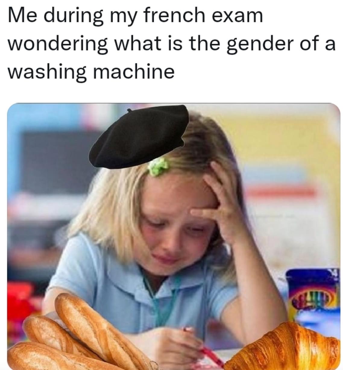 me during my french exam wondering what is the gender of a washing machine, meme
