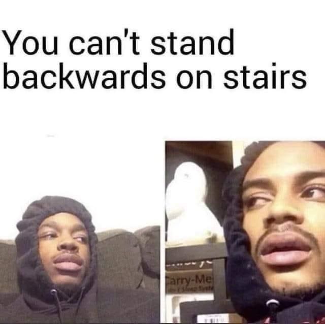 you can't stand backwards on stairs, meme