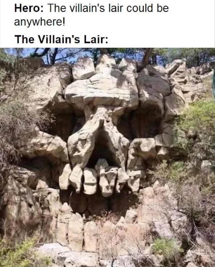 the villain's lair could be anywhere, the villain's lair, obvious skull in rock formation
