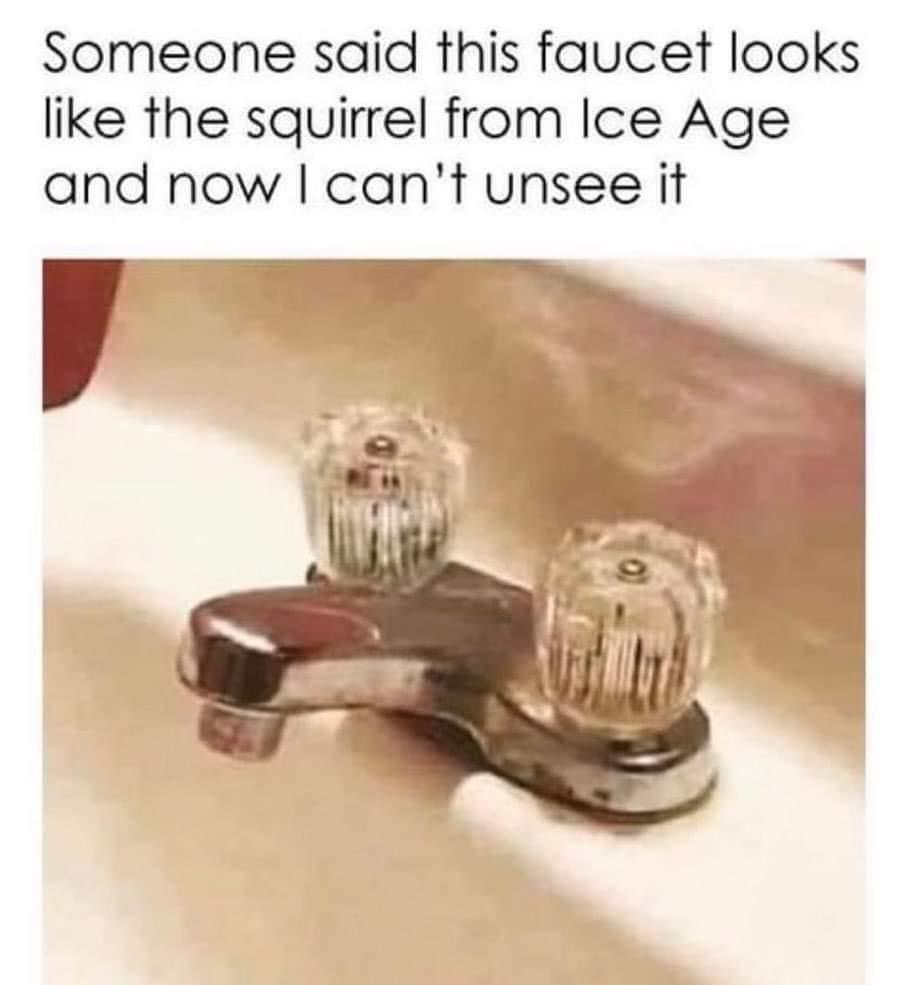 someone said this faucet looks like the squirrel from ice age and now i can’t unsee it