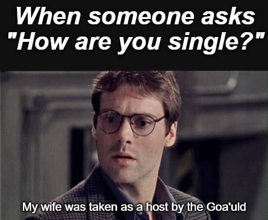 when someone asks, how are you single?, my wife was taken as a host by the goa'uld, daniel jackson, stargate sg1