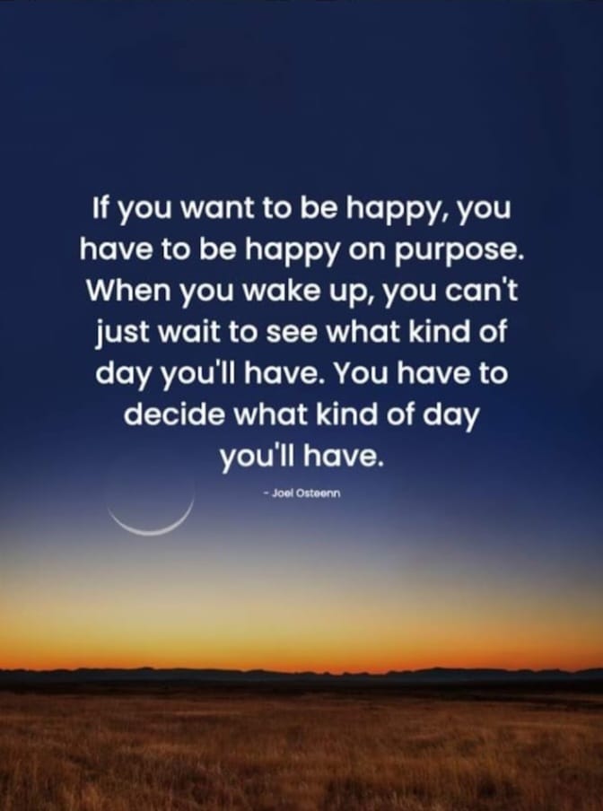 if you want to be happy, you have to be happy on purpose, you can't just wait to see what kind of day you'll have, you have to decide what kind of day you'll have