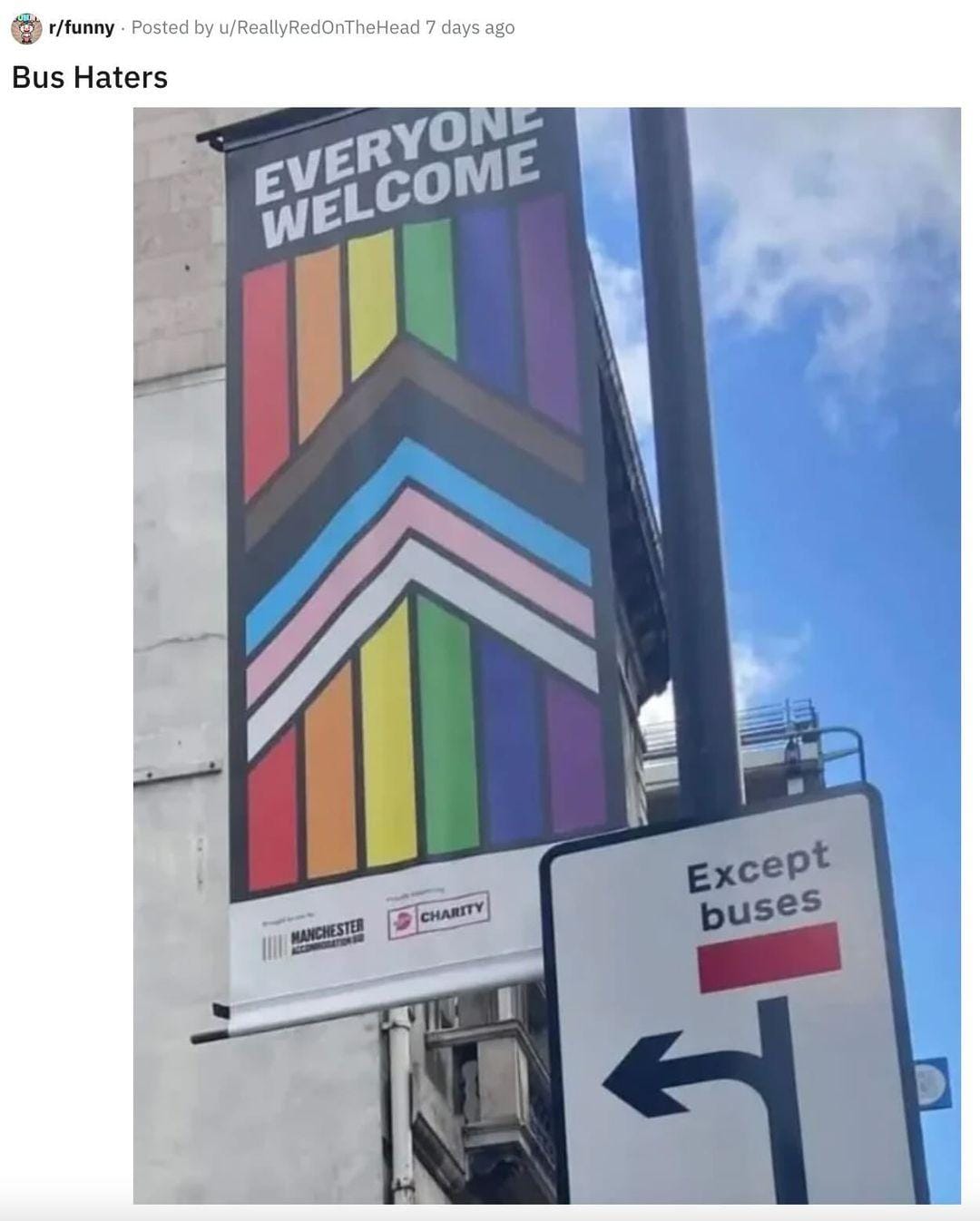 everyone welcome, except buses, bus haters, street sign